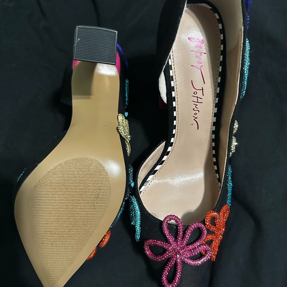 Betsey Johnson Black Heels with Colorful Floral Accents - Picture 2 of 4